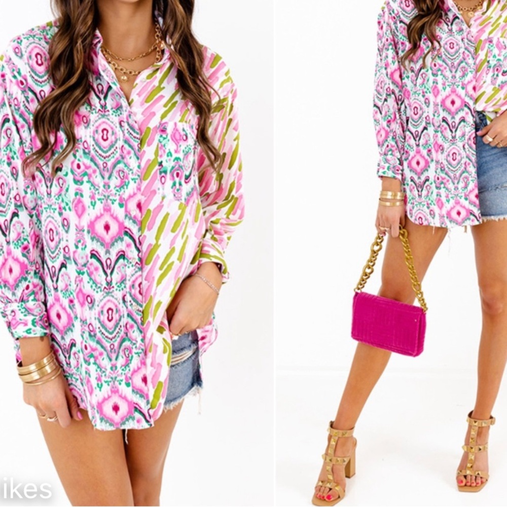Oversized, abstract pattern of pink & green hues, Button down w/chest pocket